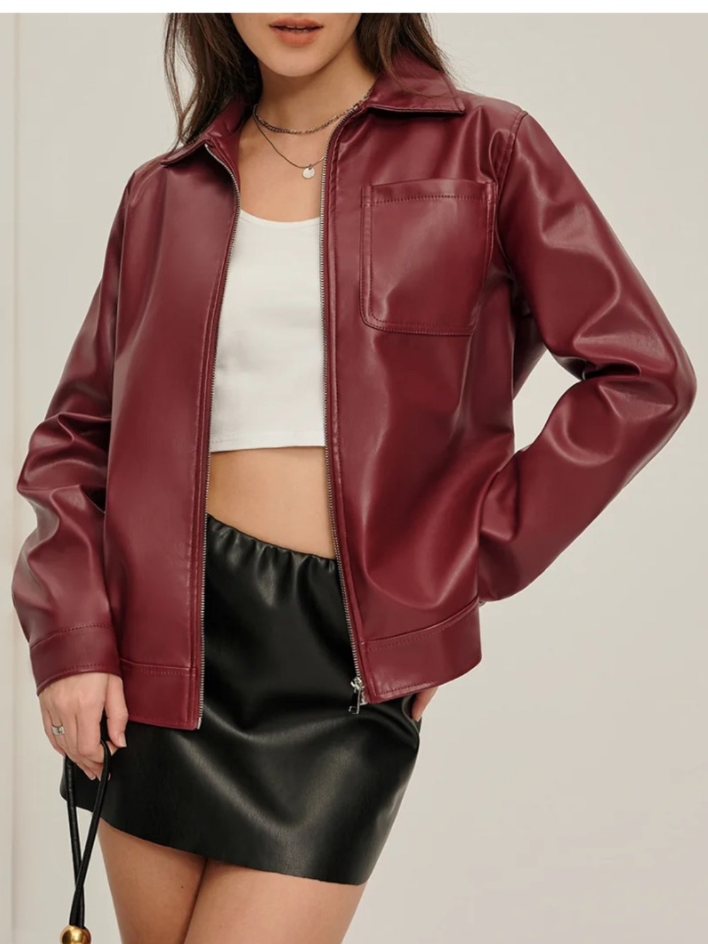 Commense Lapel Zipper Faux Leather Jacket